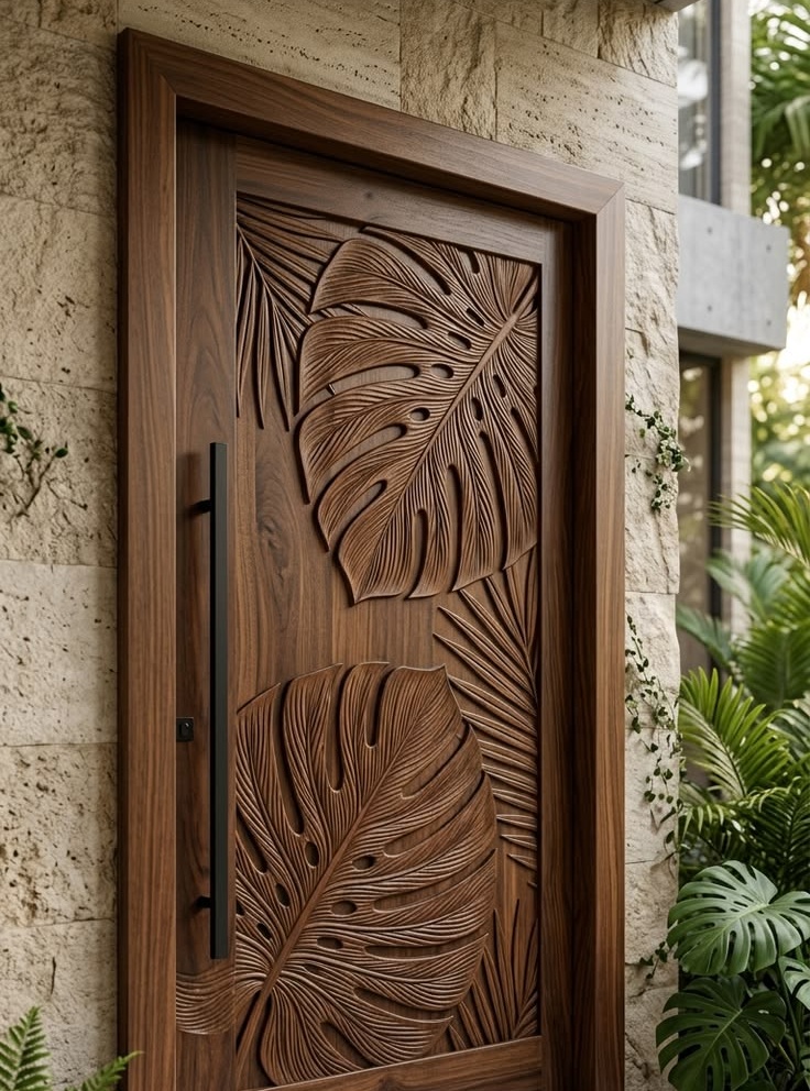 Puerta principal de madera con hojas de monstera talladas en relieve y tirador negro