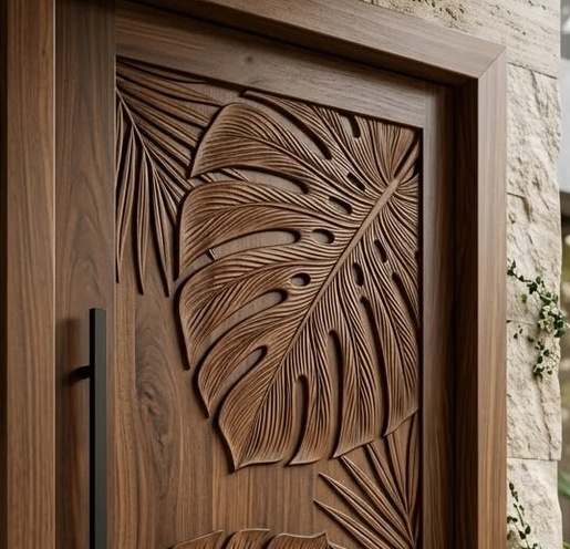 Detalle de la hoja de monstera tallada: nervaduras y perforaciones en relieve